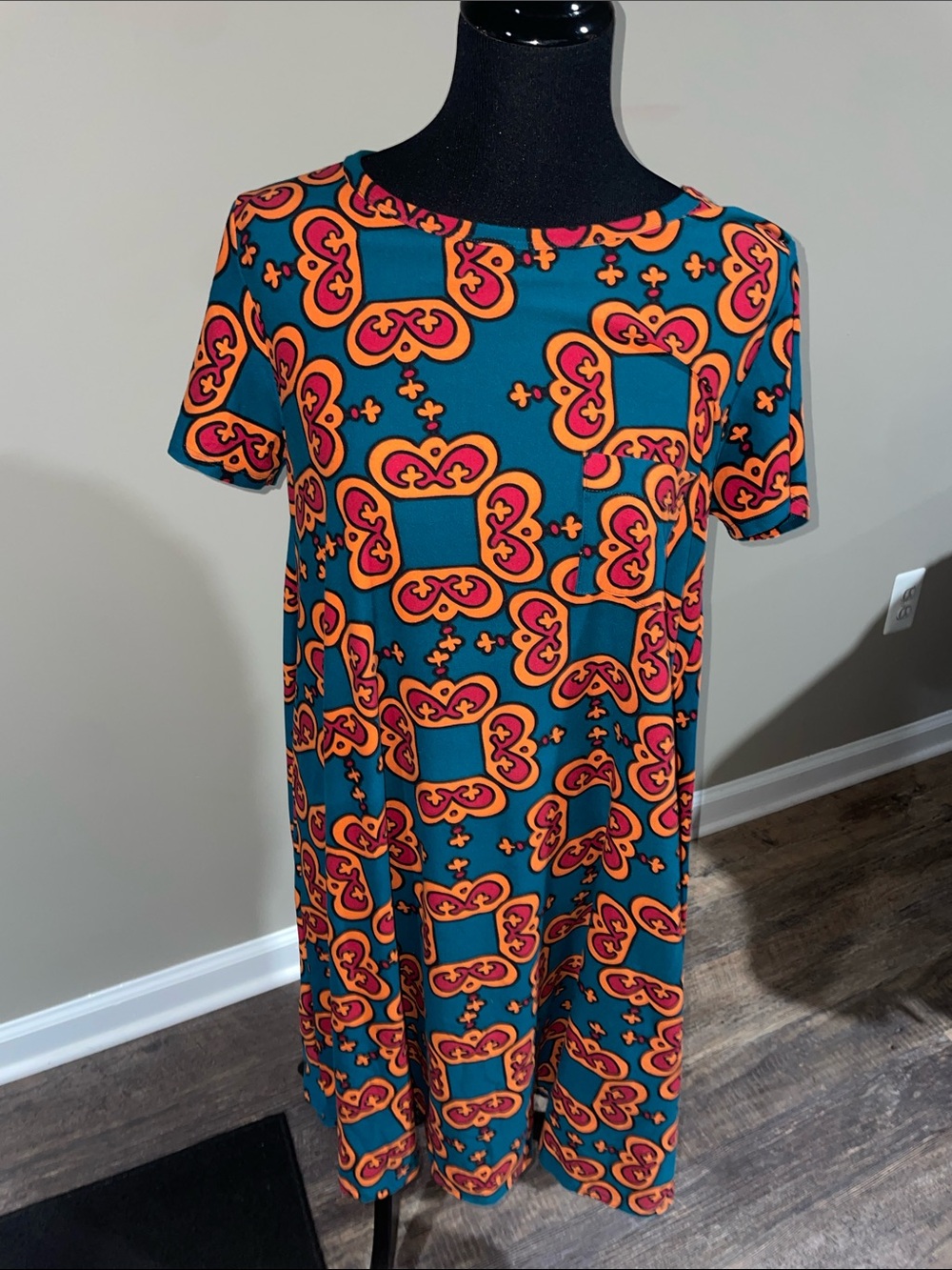 LuLaRoe Teal Dress with Orange and Pink Paisley Motif